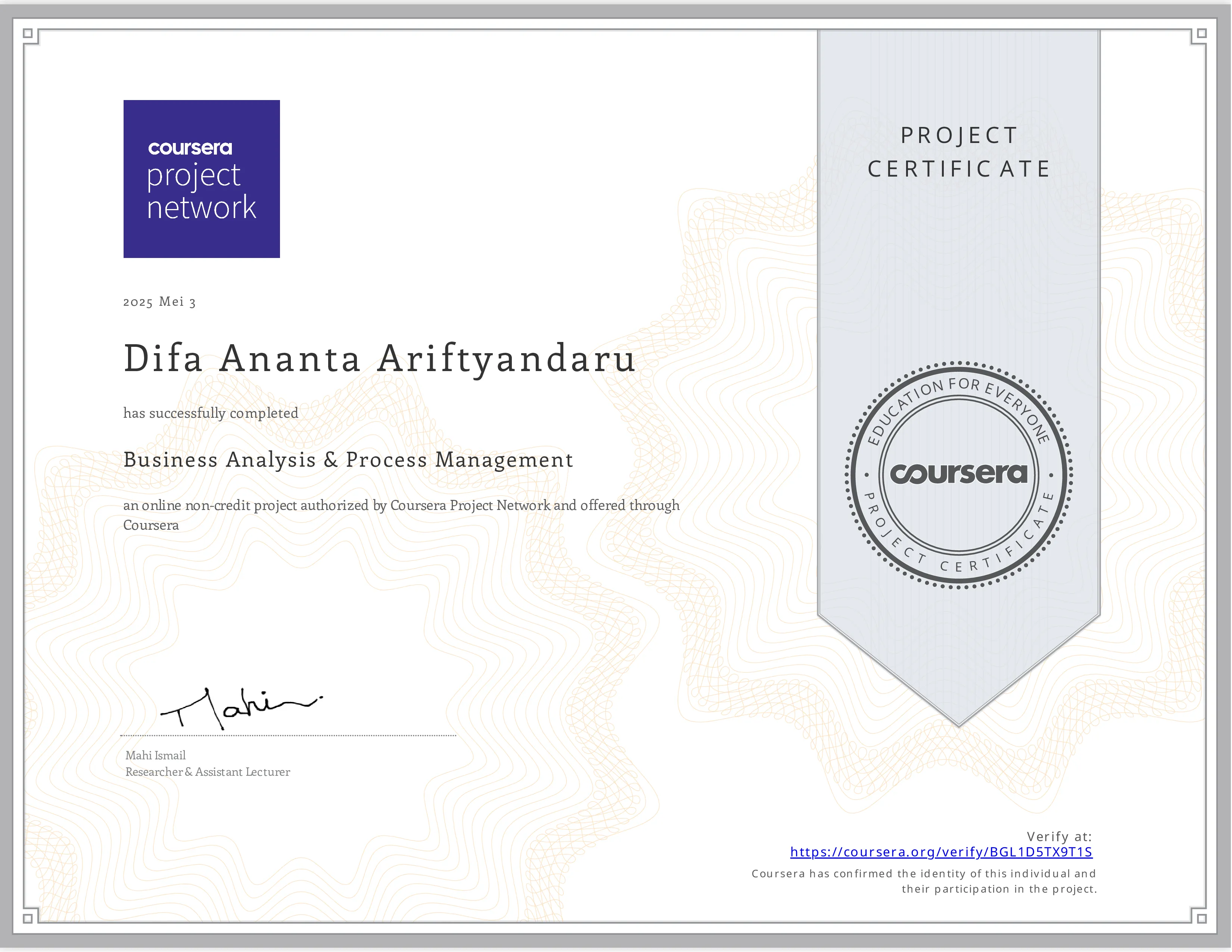 Coursera : Business Analyst & Process Management