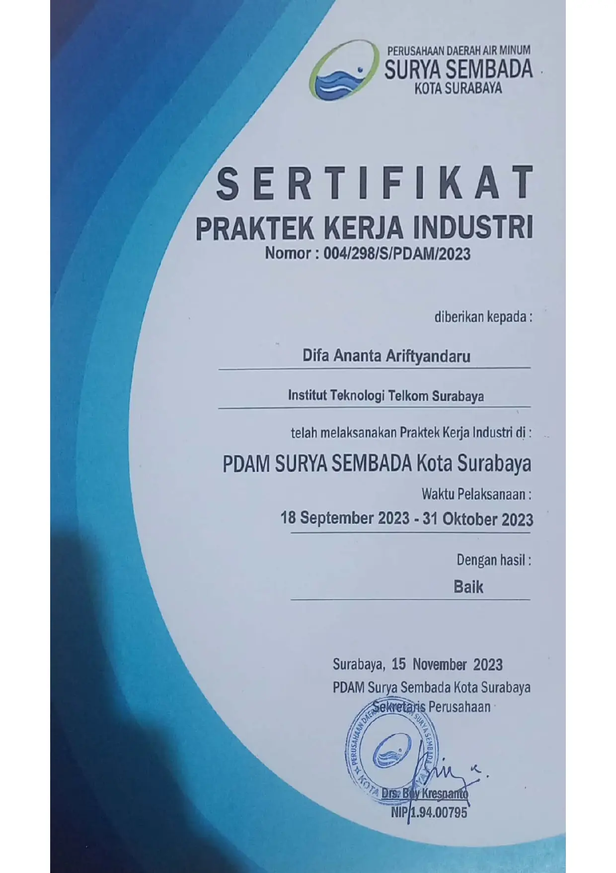 Surya Sembada PDAM Surabaya Internship Certificate